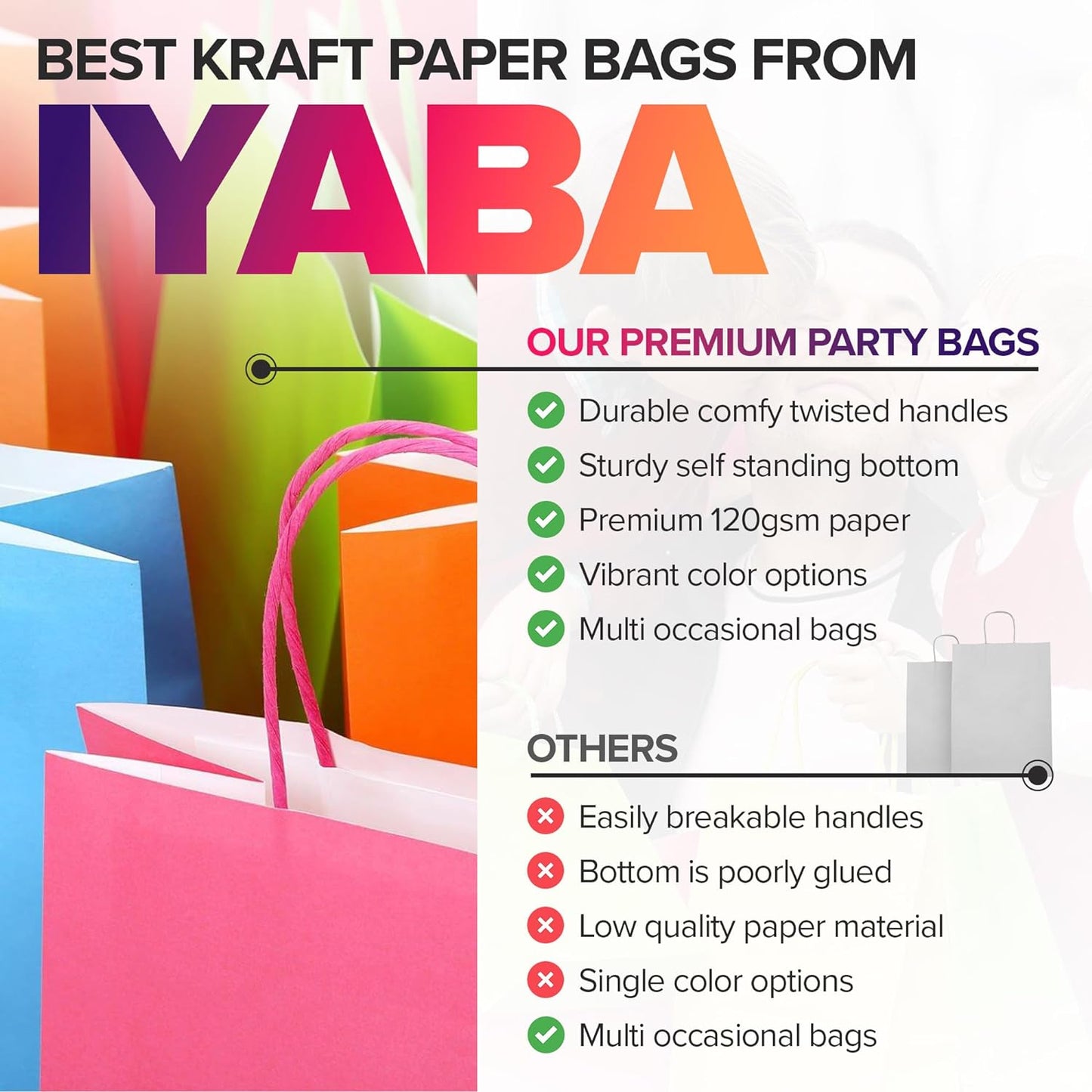 IYABA Pack of 30 Party Gift Bags - 10 Colors - Ideal for Celebrations, Kids Party